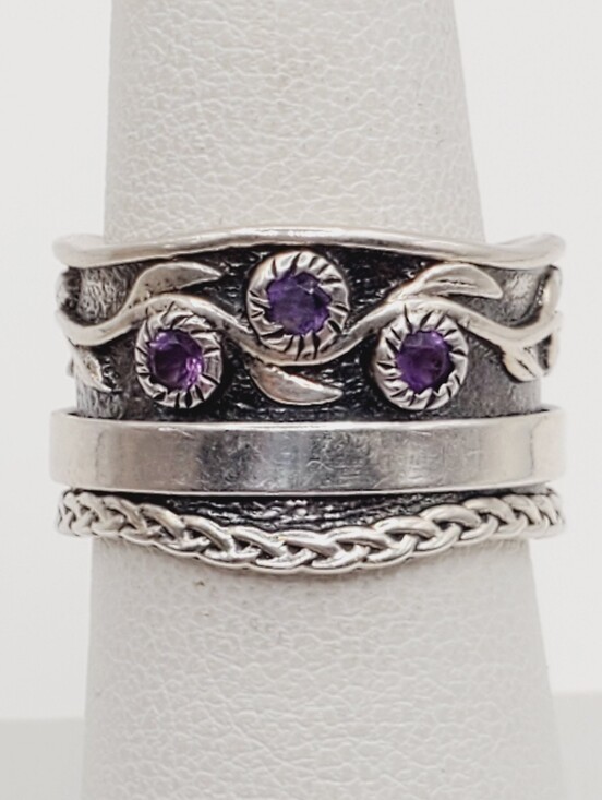 Jewelry - Genuine Amethyst 925 Sterling Silver Fidget Spinner Braided Band Leaf Ring